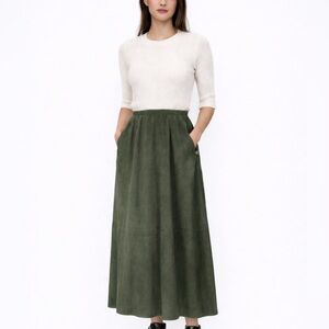 Eskandar England Suede Deep Forest Pockets Lightweight Long Maxi Skirt S